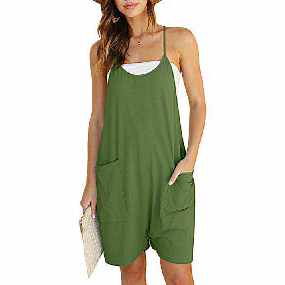 Women Summer V Neck‎ Sleeveless Adjustable Spaghetti Straps Rompers with Pockets